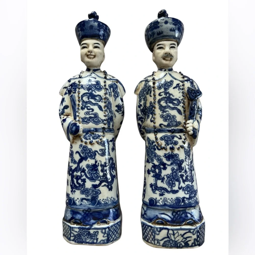 Chinese Emperors Set of 2 Blue & White Porcelain Figurines